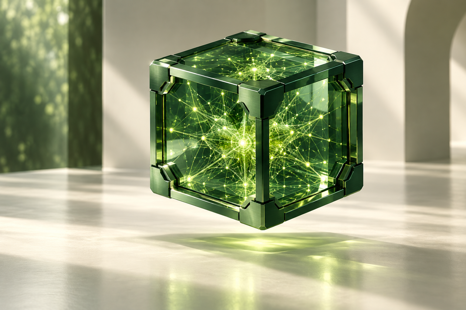 Emerald glass AI computing core with luminous neural connections